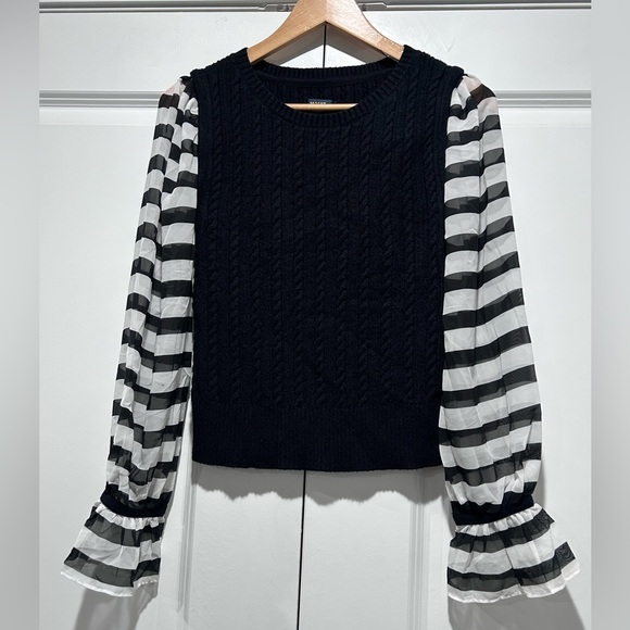 Maeve by Anthropologie Black and White Striped Sleeve sweater Top XSP - Picture 2 of 10